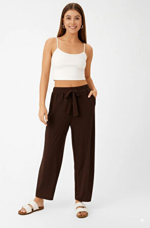 Oppland Kadın Kışlık Pantolon Pamuklu Burgu Kumaş Beli Lastikli Saç Örgü Modelli Likralı Geniş Paça