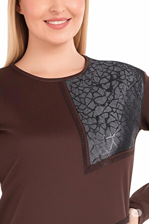 Kadın Viskon Penye Kumaş Taşlı Derili Anne Bluz yuvarlak Yaka Desenli Uzun Kol Tam Kalıp