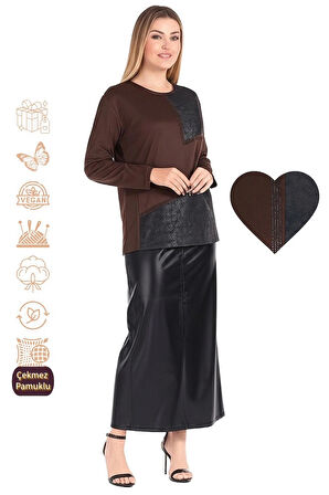 Kadın Viskon Penye Kumaş Taşlı Derili Anne Bluz yuvarlak Yaka Desenli Uzun Kol Tam Kalıp