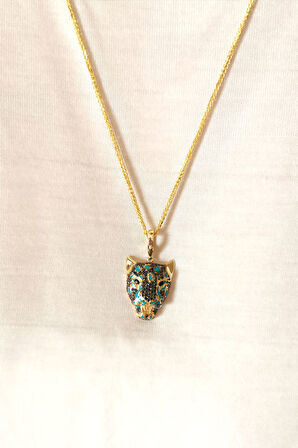 Mavi Mineli Altın Kaplan Başı Tasarım Unisex Kolye