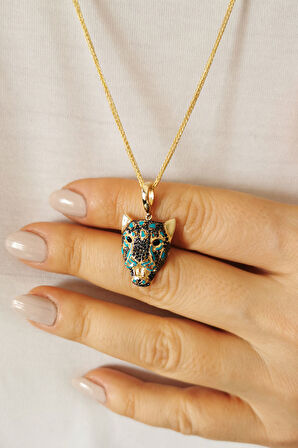 Mavi Mineli Altın Kaplan Başı Tasarım Unisex Kolye