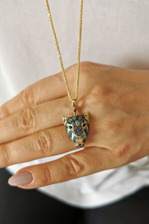 Mavi Mineli Altın Kaplan Başı Tasarım Unisex Kolye