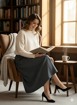 Oppland Kadın Kışlık Parçalı Anne Etek Balıksırtı Desenli Şardonlu Beli Lastikli Pamuklu Dokulu