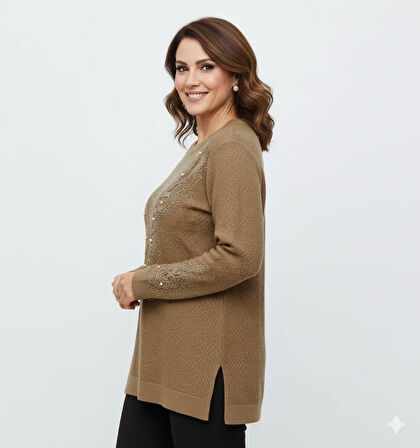 Oppland Kadın Kışlık Kazak Bisiklet Yaka Pamuklu Kardelen Örgü Nakışlı Boncuklu Tam Kalıp