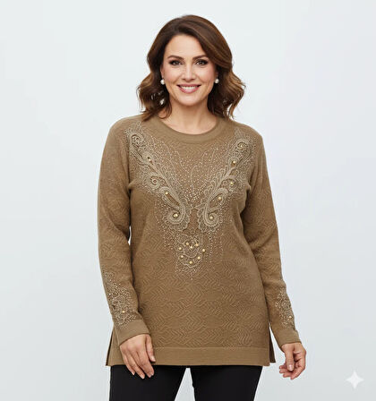 Oppland Kadın Kışlık Kazak Bisiklet Yaka Pamuklu Kardelen Örgü Nakışlı Boncuklu Tam Kalıp