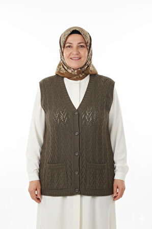 Oppland Kadın Kışlık Pamuklu Triko Klasik Örme Anne Yelek Düğmeli Çift Cepli Rahat Kesim Likralı