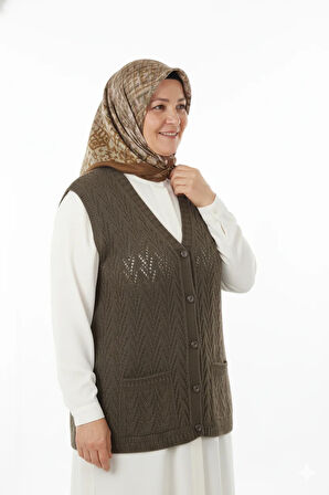 Oppland Kadın Kışlık Pamuklu Triko Klasik Örme Anne Yelek Düğmeli Çift Cepli Rahat Kesim Likralı