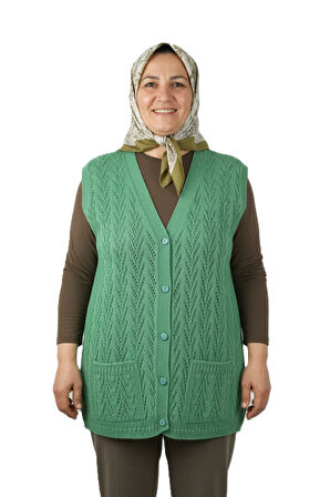 Oppland Kadın Kışlık Pamuklu Triko Klasik Örme Anne Yelek Düğmeli Çift Cepli Rahat Kesim Likralı