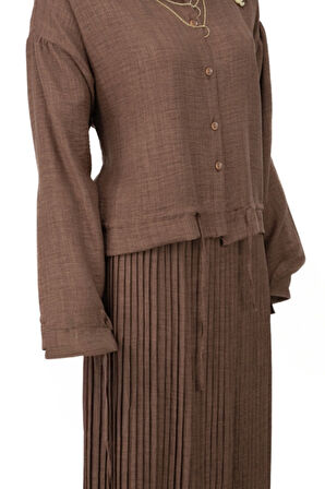 Oppland Kadın Tesettür Takım Pamuklu Keten Kumaş Kolyeli Gömlekli Etekli Oversize OPKTT25SRNMOD44