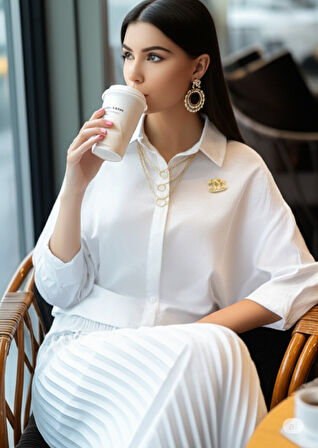 Oppland Kadın Tesettür Takım Pamuklu Keten Kumaş Kolyeli Gömlekli Etekli Oversize OPKTT25SRNMOD44