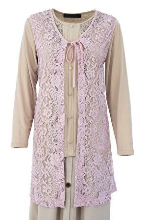 Oppland Kadın Yelek Şık ve Modern Kendinden Desenli V Yakalı Önden Bağcıklı Tül Kumaş Rahat Kesim