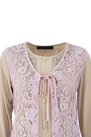 Oppland Kadın Yelek Şık ve Modern Kendinden Desenli V Yakalı Önden Bağcıklı Tül Kumaş Rahat Kesim