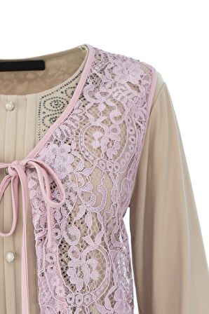 Oppland Kadın Yelek Şık ve Modern Kendinden Desenli V Yakalı Önden Bağcıklı Tül Kumaş Rahat Kesim