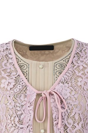 Oppland Kadın Yelek Şık ve Modern Kendinden Desenli V Yakalı Önden Bağcıklı Tül Kumaş Rahat Kesim