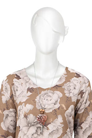 Oppland Kadın Klasik Şifon Anne Bluz Viskoz Kumaş Gül Desenli Kolyeli Uzun Kollu Astarlı Tam Kalıp