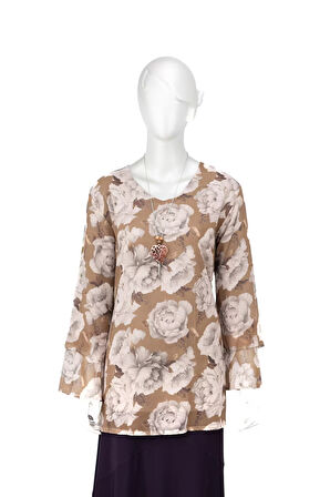 Oppland Kadın Klasik Şifon Anne Bluz Viskoz Kumaş Gül Desenli Kolyeli Uzun Kollu Astarlı Tam Kalıp