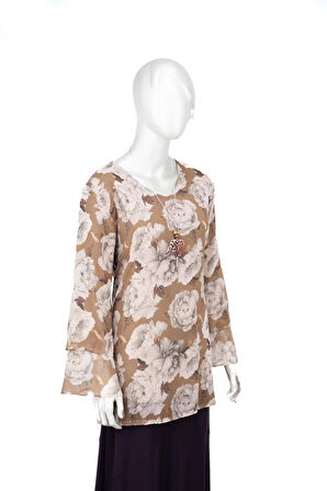 Oppland Kadın Klasik Şifon Anne Bluz Viskoz Kumaş Gül Desenli Kolyeli Uzun Kollu Astarlı Tam Kalıp