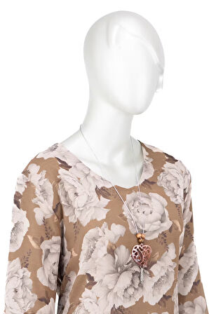 Oppland Kadın Klasik Şifon Anne Bluz Viskoz Kumaş Gül Desenli Kolyeli Uzun Kollu Astarlı Tam Kalıp