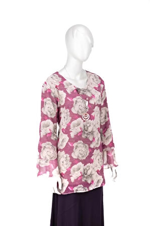 Oppland Kadın Klasik Şifon Anne Bluz Viskoz Kumaş Gül Desenli Kolyeli Uzun Kollu Astarlı Tam Kalıp