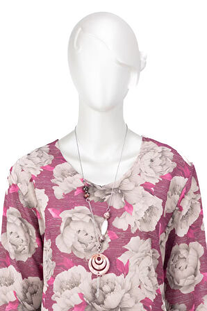 Oppland Kadın Klasik Şifon Anne Bluz Viskoz Kumaş Gül Desenli Kolyeli Uzun Kollu Astarlı Tam Kalıp