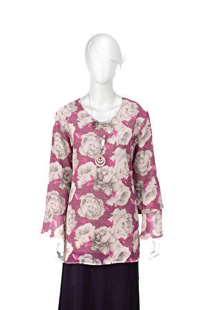 Oppland Kadın Klasik Şifon Anne Bluz Viskoz Kumaş Gül Desenli Kolyeli Uzun Kollu Astarlı Tam Kalıp