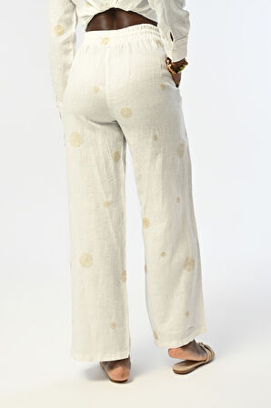 KADIN BOL PAÇA BELİ LASTİKLİ EKRU RENK DESENLİ PANTOLON