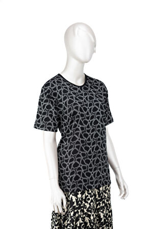 Oppland Kadın Turlu Viskon Penye Kumaş Anne Bluz Bahar Gülü Desenli Kısa Kollu Tam Kalıp Likralı