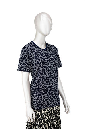 Oppland Kadın Turlu Viskon Penye Kumaş Anne Bluz Bahar Gülü Desenli Kısa Kollu Tam Kalıp Likralı