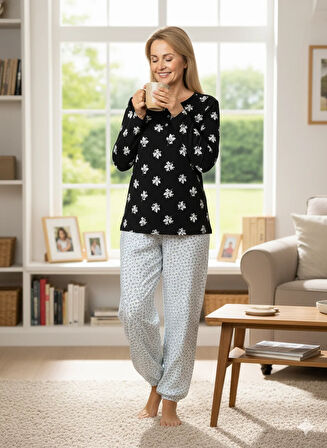 Oppland Kadın Kışlık Kadın Anne içlik Pijama Altı %100 Pamuk içi Miflonlu Beli Lastikli Rahat