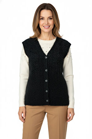 Oppland Kadın Kışlık Anne Yelek Simli Yumuşak Pamuklu Triko Örme Model Önden Düğmeli Cepli Rahat