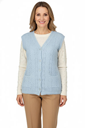 Oppland Kadın Kışlık Anne Yelek Simli Yumuşak Pamuklu Triko Örme Model Önden Düğmeli Cepli Rahat