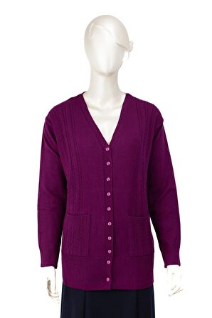 Kadın Kışlık Örgü Desenli Düğmeli Çift Cepli Uzun Kollu Likralı Kardelen Dokuma Anne Hırka