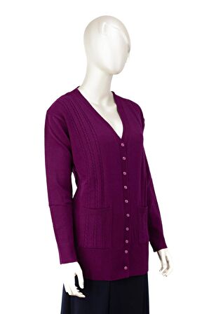 Kadın Kışlık Örgü Desenli Düğmeli Çift Cepli Uzun Kollu Likralı Kardelen Dokuma Anne Hırka