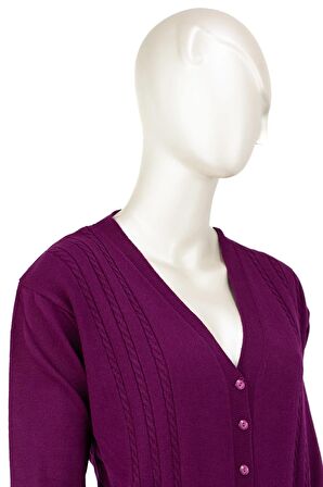 Kadın Kışlık Örgü Desenli Düğmeli Çift Cepli Uzun Kollu Likralı Kardelen Dokuma Anne Hırka