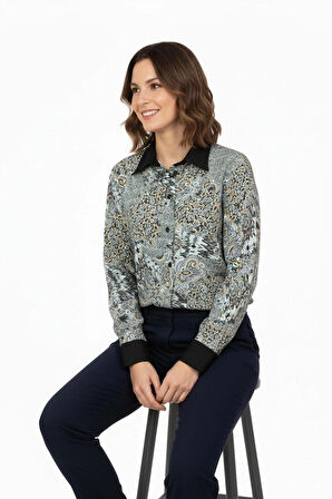 Oppland Kadın Likrasız Kumaş Anne Gömlek Ebru Desenli Uzun Kollu Vatkalı Tam Kalıp Rahat Kesim