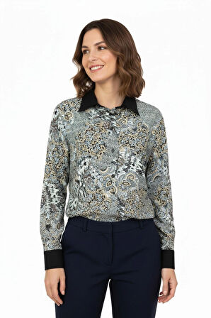 Oppland Kadın Likrasız Kumaş Anne Gömlek Ebru Desenli Uzun Kollu Vatkalı Tam Kalıp Rahat Kesim