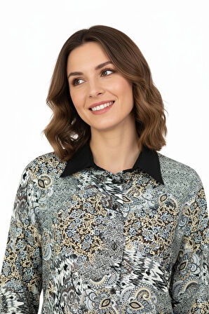 Oppland Kadın Likrasız Kumaş Anne Gömlek Ebru Desenli Uzun Kollu Vatkalı Tam Kalıp Rahat Kesim