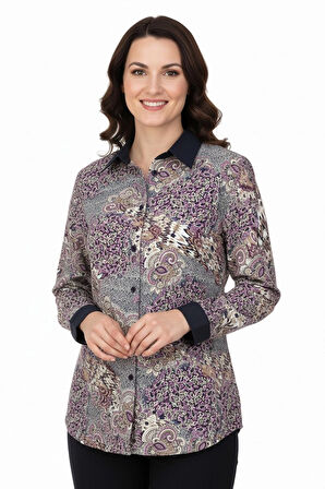 Oppland Kadın Likrasız Kumaş Anne Gömlek Ebru Desenli Uzun Kollu Vatkalı Tam Kalıp Rahat Kesim