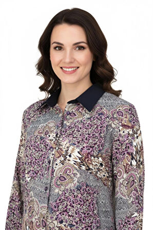 Oppland Kadın Likrasız Kumaş Anne Gömlek Ebru Desenli Uzun Kollu Vatkalı Tam Kalıp Rahat Kesim