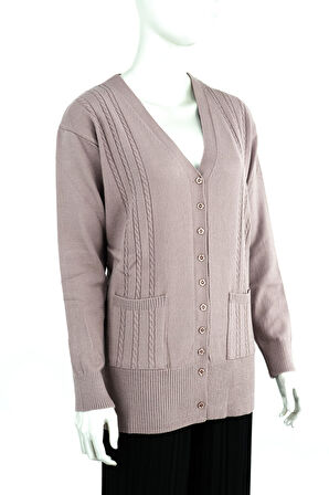 Oppland Kadın Kışlık Örgü Desenli Düğmeli Çift Cepli Uzun Kollu Likralı Kardelen Dokuma Anne Hırka