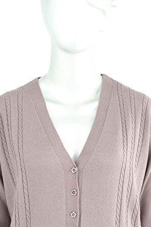 Oppland Kadın Kışlık Örgü Desenli Düğmeli Çift Cepli Uzun Kollu Likralı Kardelen Dokuma Anne Hırka