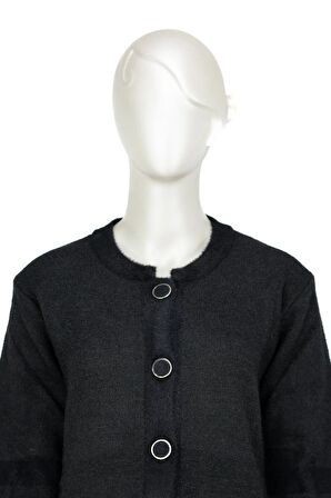 Kadın Kışlık Kalın Angora Yün Örme Anne Uzun Hırka Düğmeli Cepli Tam Kalıp Yuvarlak Yakalı