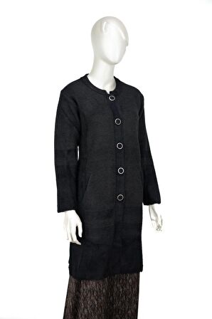 Kadın Kışlık Kalın Angora Yün Örme Anne Uzun Hırka Düğmeli Cepli Tam Kalıp Yuvarlak Yakalı