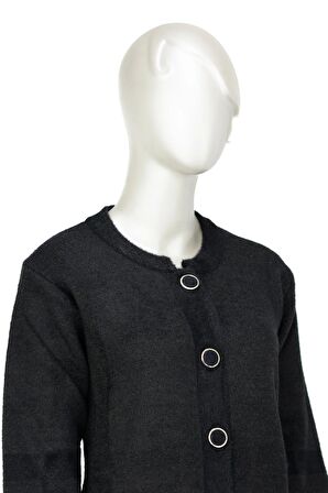 Kadın Kışlık Kalın Angora Yün Örme Anne Uzun Hırka Düğmeli Cepli Tam Kalıp Yuvarlak Yakalı