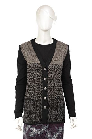 Kadın Triko Kışlık Motifli Düğmeli Çift Cepli Normal Kesim Yünlü Dokuma Kumaş Anne Yelek