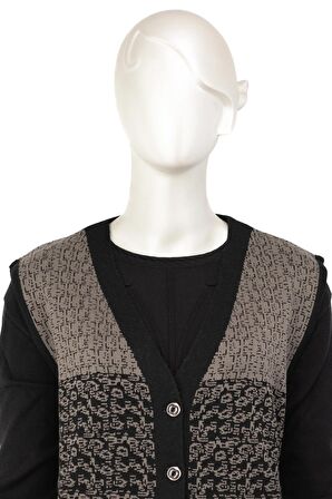 Kadın Triko Kışlık Motifli Düğmeli Çift Cepli Normal Kesim Yünlü Dokuma Kumaş Anne Yelek