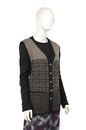 Kadın Triko Kışlık Motifli Düğmeli Çift Cepli Normal Kesim Yünlü Dokuma Kumaş Anne Yelek