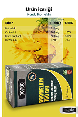 Bromelain 750mg Krom Pikolinat 60 Tablet Bromelian Ananas Özü Krom C Vitamini B12 Vitamini