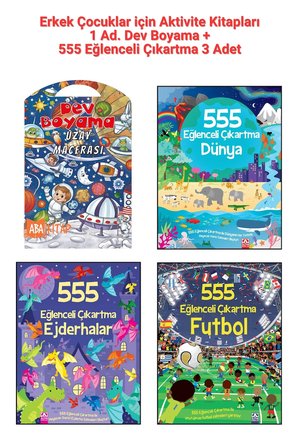 1 Ad. Dev Boyama + Erkek Çocuklar için 555 Eğlenceli Çıkartma Seti 3 Ad.- Dünya, Ejderhalar, Futbol