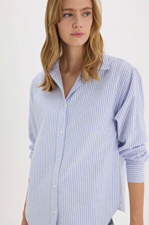 Oversize Geniş Kalıp Gömlek Yaka Çizgili Oxford Uzun Kollu Gömlek
